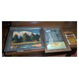 Lot of Three Decorative Wall Art Pieces Including Mount Shasta Print, Prayer Mirror, and Indian Prayer Wood Plaque