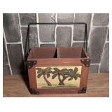 Wooden Two-Compartment Wine Caddy with Metal Palm Tree Relief and Handle