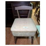 Vintage Upholstered Storage Sewing Stool with Backrest and Turned Wooden Legs