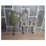 Set of Two Decorative Wall Hooks: Stamped Metal Watering Can and Cast Iron Butterfly Designs