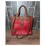 Red and Brown Tote Handbag with Adjustable Shoulder Strap