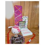 Assorted Girls Room Decor Signs, Hello Kitty Basket, and More
