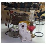 Assorted Home Decor and Collectibles including Ceramic Spaniel Figurine, Miniature Oil Lamp, Planters, and More