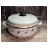 Vintage White Enamelware Stock Pot with Blue Floral and Cattail Motif and Lid