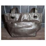 Metallic Bronze Tone Handbag with Dual Handles and Exterior Pockets