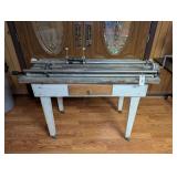 Vintage Industrial Lathe Attachment on Ranch Oak Work Table with Hand Tool
