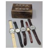 Collection of Five Wristwatches with Decorative Wooden Storage Box