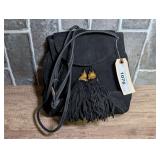 Black Suede Crossbody Bag with Gold-Tone Tassel Accents