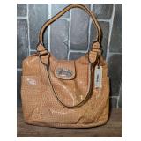 Tan Faux Crocodile Texture Shoulder Bag with Silver-Tone Hardware