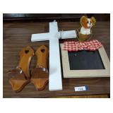 Assorted Home Decor Lot with Wooden Cross, Candle Sconces, Decorative Faux Chalkboards, and Plush Toy