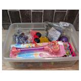 Assorted Mixed Toys and Crayons in Plastic Bin