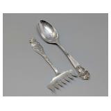 Vintage Sterling Silver Serving Spoon and Fork, Patented 1898 and 1900, Approx. 37.3g Total Weight