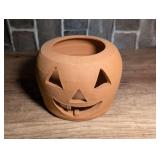 Signed Handmade Terracotta Jack-O-Lantern Candle Holder Planter