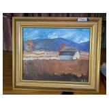 Original Oil Painting of Rural Landscape with Barn Signed J.D. in Ornate Gold Frame