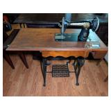 Antique Singer Treadle Sewing Machine with Wooden Cabinet and Cast Iron Base