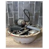 Assorted Hand Tools and Hardware (Including Chain) in Enameled Metal  Basin