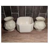 Three-Piece White Ceramic Floral Relief Vase and Planter Set