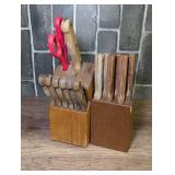 Wooden Kitchen Knife Block Sets with Stainless Steel Blades and Red Utility Scissors