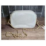 Whiting & Davis White Mesh Crossbody Bag with Gold-Tone Chain Strap