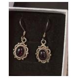 Sterling Silver Dangle Earrings With Oval Red Garnet Cabochons.