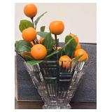 Marquis by Waterford Crystal Geometric Cubist Vase With a Flared Rim and Filled With Artificial Clementines.