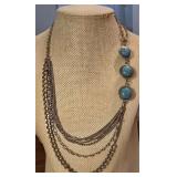 Beautiful 7 Strand Draped Chain Turquoise Color Cabochon & Silver Tone Necklace