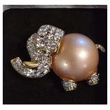 Vintage Kenneth Jay Lane (KJL) Gold Tone With Pave Set Rhinestones Elephant Brooch
