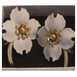 Vintage Emmons Gold Tone Clip-On Earrings With White Enameled Dogwood Flower Petals.