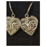 Delicate Turkish Silver 925 Openwork Filigree Heart Dangle Earrings