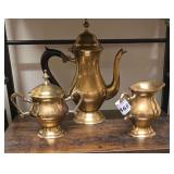 Vintage 3-Piece Brass Tea or Coffee Serving Set Including a Tall Lidded Pot, Matching Lidded Sugar Bowl, and Creamer Jug.