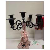11" Matte Black Metal Multi-Arm Candelabra With Tapered Candle Holders.  Pink Ribbon Hearts and Stars Ornaments. Holds 3/4" Candles
