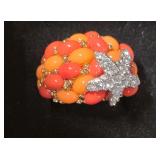Kenneth Jay Lane Coral and Orange Resin Cabochon With Pave Crystal Starfish Cocktail Ring. High End Crystal Jewelry.