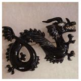 Large Vintage Black Enamel and Silver-Tone Rhinestone 3D Dragon Brooch. Approx. 4" Wide