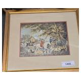 Vintage Hand Colored Fox Hunting Print "Going into Cover," of the  Original Work by English Painter George Morland and Engraved by Edward Bell.   Part of a popular 1800–1801 Series of Mezzotint Engr