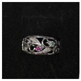 Vintage Avon RJ Graziano Sterling Silver Ruby and Emerald Filigree Ring. Size 6