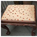 Antique Georgian Ball & Claw Foot Stool/Vanity Bench With Silk Embroidered Flowers on Champagne Damask. This is a Gorgeous Piece.