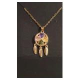 20" Gold-Toned Dreamcatcher Necklace With Four Colorful, Heart-Shaped Crystal Accents and Hanging Feather Charms.