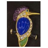 Vintage Kenneth Jay Lane Gold Tone Kingfisher Brooch With Lucite Cabochon Body.