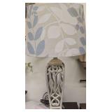 Rustic Farmhouse Lamp With a Carved Openwork Resin Base and Drum Lampshade. 24.5" H and 14"W (shade). Matches Lot 1472