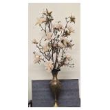 Artificial Cream-Colored Magnolia Flowers in a Tall, Vintage Brass Vase With Floral Etchings. 24"H