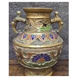 6" Vintage Japanese Champlevé Enamel and Brass Urn Vase Ornate Handles and Colorful Floral Patterns.