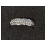 Stunning Sterling Silver Three-Row Wedding Ring With Pave-Set Diamond Like Stones. Size 6