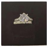 Classic Silver Tone Princess-Cut Cubic Zirconia Bridal Ring Set With a Large Square Center Stone and Pavé-Set Accent Bands.