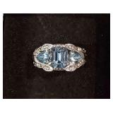 Light Blue Aquamarine Silver Tone Ring With Sparkling Pave Crystals. Size 7