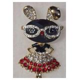 Gold-toned Rhinestone Rabbit Brooch With  Crystal-Embellished Glasses and  Embellished Skirt