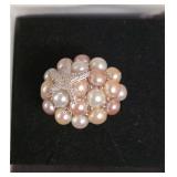 Honora Multi-Toned, Cultured Fresh Water Pearls & Sterling Silver Cluster Cocktail Ring With Pave Set Crystal Starfish Accent. Hi End Fashion Jewelry