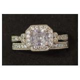 Vintage-Inspired Silver Tone and CZ Asscher Cut Halo Engagement and Wedding Ring Set With a Sparkling Pave Stones. Size 8