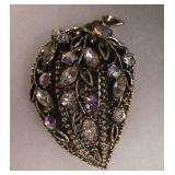 Vintage Gold-Tone Rhinestone, Aurora Borealis, and Iridescent Chaton Leaf Brooch,