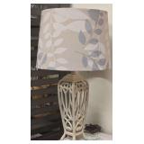 Rustic Farmhouse Lamp With a Carved Openwork Resin Base and Drum Lampshade. 24.5" H and 14"W (shade). Matches Lot 1473
