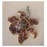 Vintage Kenneth Jay Lane Gold Tone Crystal Orchid Brooch With Dazzling Pave-Set Pink and Purple Rhinestones